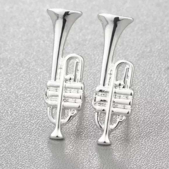 Silver Trumpet Musical Instrument Petite Earrings, New - Picture 2 of 3